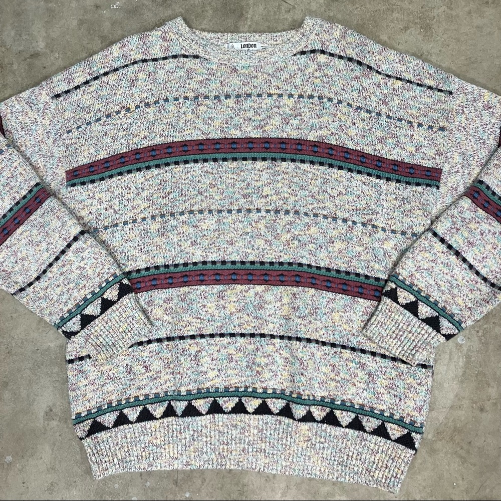 80s 90s VTG LONDON FOG USA Sweater Geometric Cosby Multicolor Heavy Cotton EUC!